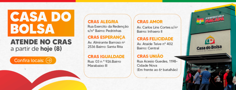 Casa do Bolsa atende temporariamente nos Cras de Macapá a partir desta quinta-feira (8)